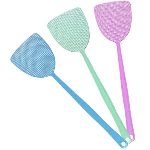 durable fly swatter, 3 pack manual fly killer colorful plastic with 17'' durable long handle house wife helper (multicolor)