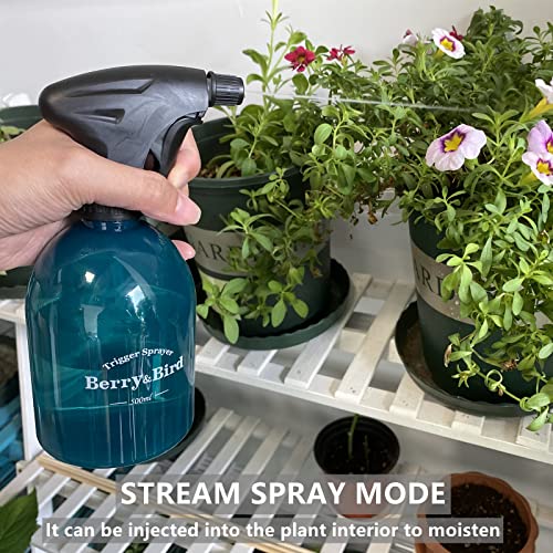 Berry&Bird Garden Plastic Spray Bottle, Refillable Empty Squirt Can Pot, Fine Mist Plant Watering Mister Trigger Cleaning Sprayer Container for Bonsai Hair 500 ml/16.9 Fl Oz