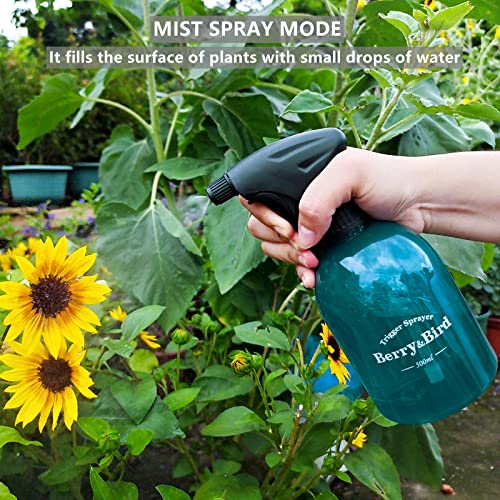 Berry&Bird Garden Plastic Spray Bottle, Refillable Empty Squirt Can Pot, Fine Mist Plant Watering Mister Trigger Cleaning Sprayer Container for Bonsai Hair 500 ml/16.9 Fl Oz