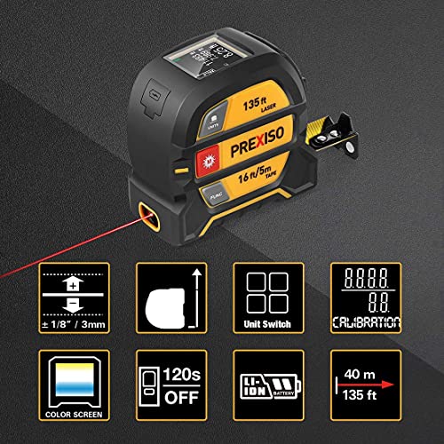 PREXISO 2-in-1 Laser Tape Measure, 135Ft Rechargeable Measurement Tool & 16Ft Measuring Movable Magnetic Hook - Pythagorean, Area, Volume, Ft/Ft+in/in/M Unit NOT Digital