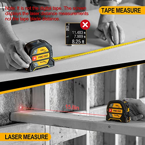 PREXISO 2-in-1 Laser Tape Measure, 135Ft Rechargeable Measurement Tool & 16Ft Measuring Movable Magnetic Hook - Pythagorean, Area, Volume, Ft/Ft+in/in/M Unit NOT Digital