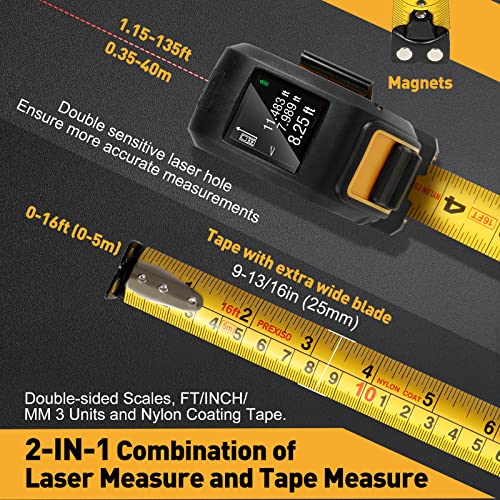 PREXISO 2-in-1 Laser Tape Measure, 135Ft Rechargeable Measurement Tool & 16Ft Measuring Movable Magnetic Hook - Pythagorean, Area, Volume, Ft/Ft+in/in/M Unit NOT Digital