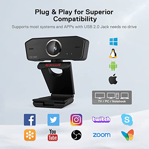 Redragon GW800 1080P PC Webcam with Built-in Dual Microphone, 360° Rotation - 2.0 USB Computer Web Camera - 30 FPS for Online Courses, Video Conferencing and Streaming