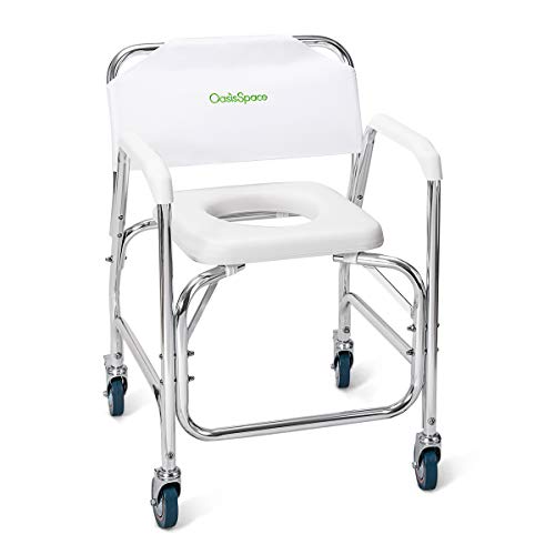 OasisSpace Rolling Shower Chair 400 lb, Rolling Commode Transport Chair with Wheels and Padded Seat for Handicap, Elderly, Injured and Disabled