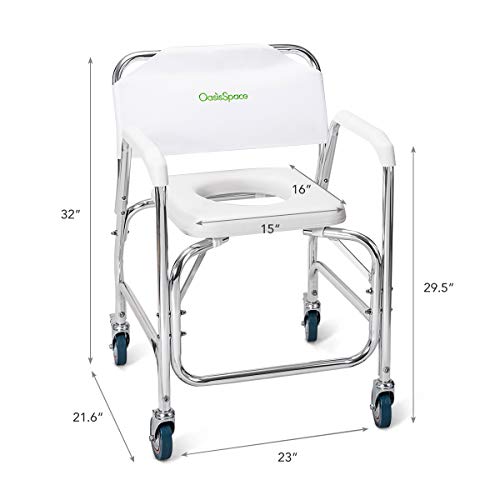 OasisSpace Rolling Shower Chair 400 lb, Rolling Commode Transport Chair with Wheels and Padded Seat for Handicap, Elderly, Injured and Disabled