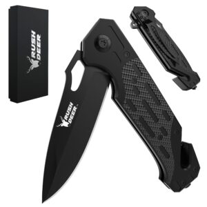 Rush Deer Pocket Knife, Folding Knife with Clip, Glass Breaker, Seatbelt Cutter. EDC Knife Utility Knife for Hiking Camping Fishing Work Outdoor Etc. Unique Gifts for Men Women Dad Husband Boyfriend