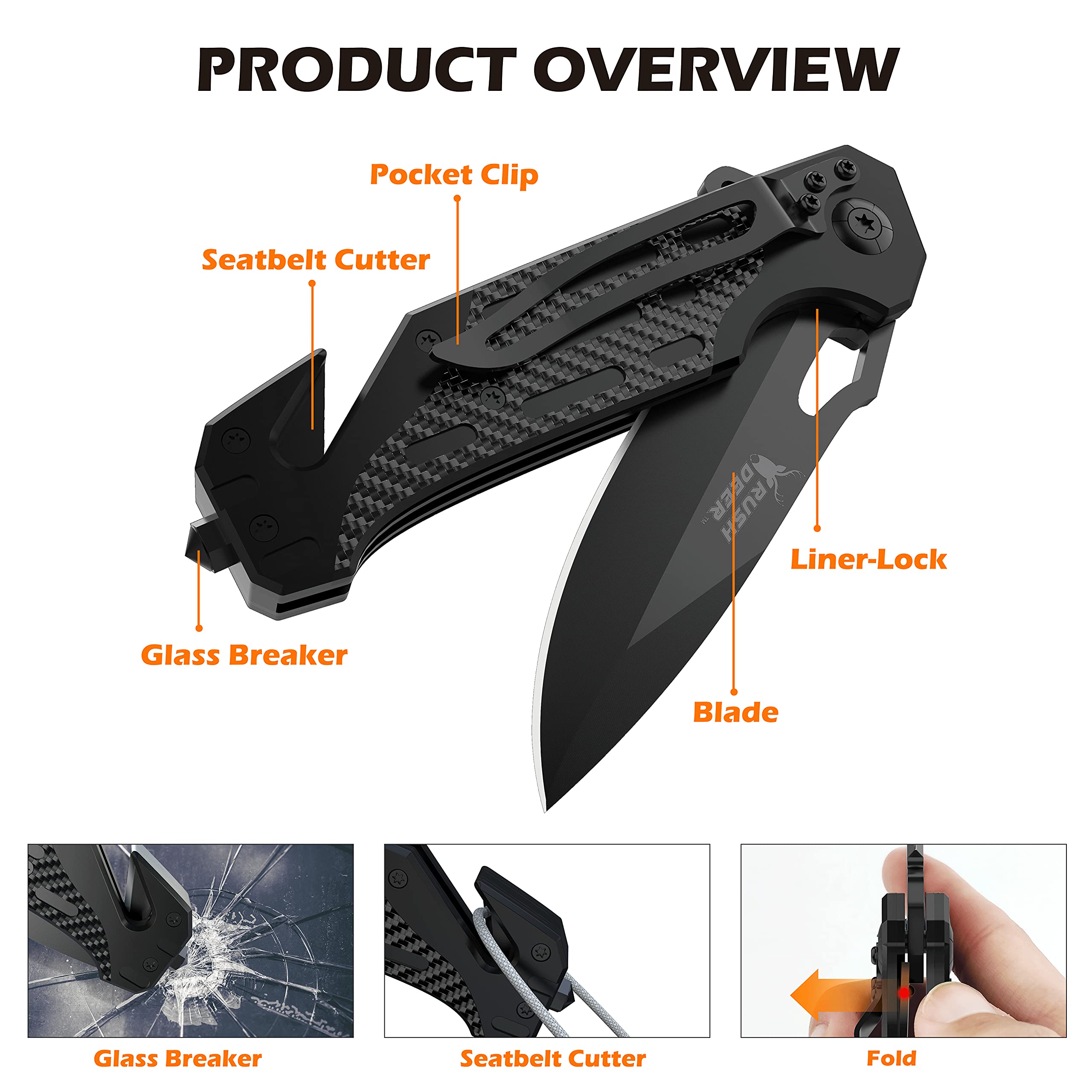 Rush Deer Pocket Knife, Folding Knife with Clip, Glass Breaker, Seatbelt Cutter. EDC Knife Utility Knife for Hiking Camping Fishing Work Outdoor Etc. Unique Gifts for Men Women Dad Husband Boyfriend