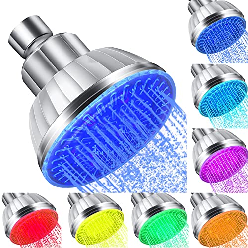 LED Shower Head with Light, 7 Color Light Automatically Changing LED Fixed Rainfall Adjustable High Pressure Quiet Light up Shower Heads Easy Installation for Kid Adult