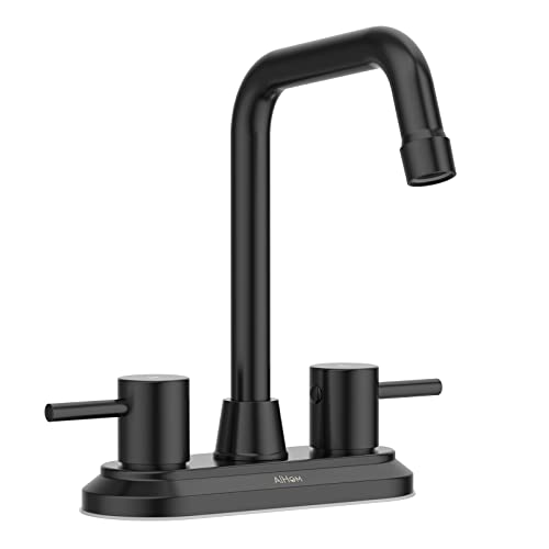 AiHom Bathroom Faucet Black 4 Inch Lavatory Faucet 2 Handle Centerset Bathroom Sink Faucet, Stainless Steel High Arc 360° Swivel Spout Vanity Faucet (Sink Drain and Supply Hose not Included)