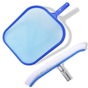 swimming pool brush with pool skimmer net kit,17.5" aluminum pool cleaning brush with nylon pool bristles, heavy duty pool fine mesh frame net, pool cleaner supplies(pole not included)