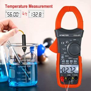 BTMETER Digital Clamp Multimeter BT-570S-APP, 6000 Counts TRMS Clamp-on Ammeter Auto Ranging Voltage Tester Measure AC DC Volt Amp Ohm NCV Temperature Capacitance