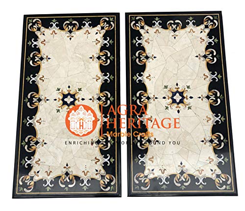 Set of 2 Marble Dining Center Table Top Marquetry Inlay Living Room Decor