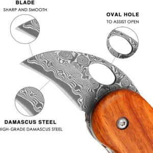 EZKIT Damascus Pocket Knife, Small Folding Wood Handle EDC Knife, Blade Length: 2in