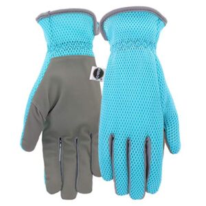 miracle-gro mg86121/wsm high dexterity synthetic leather palm gloves – small-medium, women’s mesh back gardening gloves light blue