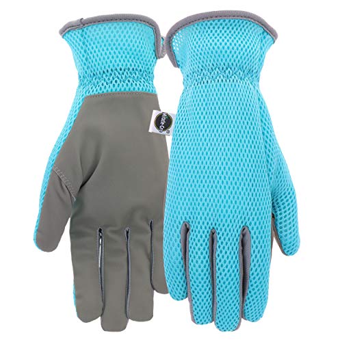 Miracle-Gro MG86121/WSM High Dexterity Synthetic Leather Palm Gloves – Small-Medium, Women’s Mesh Back Gardening Gloves Light Blue