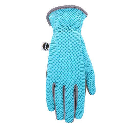 Miracle-Gro MG86121/WSM High Dexterity Synthetic Leather Palm Gloves – Small-Medium, Women’s Mesh Back Gardening Gloves Light Blue