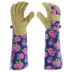 miracle gro mg23247/wsm split cowhide garden gloves – floral, medium-large, women’s rose pruning gloves with extended foam cuffs