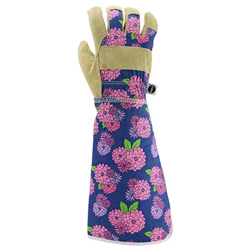Miracle Gro MG23247/WSM Split Cowhide Garden Gloves – Floral, Medium-Large, Women’s Rose Pruning Gloves with Extended Foam Cuffs