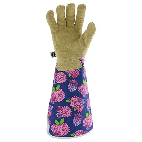 Miracle Gro MG23247/WSM Split Cowhide Garden Gloves – Floral, Medium-Large, Women’s Rose Pruning Gloves with Extended Foam Cuffs