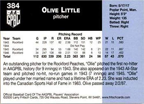 2000 AAGPBL Series 3 Baseball #384 Ollie Little Rockford Peaches RC Rookie Official All-American Girls Professional Baseball League Trading Card made by Larry Fritsch Cards