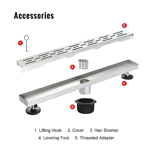 SaniteModar Linear Shower Drain, High Water Flow Removable Grate Shower Drain 24 inch, Brushed 304 Stainless Steel Linear Drain with Hair Strainer, Adjustable Leveling Feet