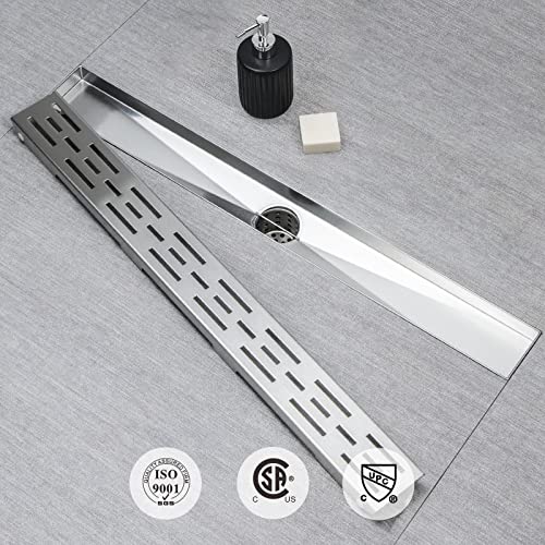 SaniteModar Linear Shower Drain, High Water Flow Removable Grate Shower Drain 24 inch, Brushed 304 Stainless Steel Linear Drain with Hair Strainer, Adjustable Leveling Feet