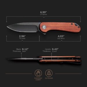 CIVIVI Elementum Pocket Knife, Folding Knife for EDC with 2.96" D2 Black Stonewashed Blade Cuibourtia Wood Handle, Flipper Knife with Clip for Men C907U