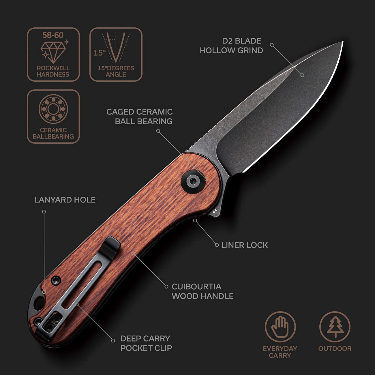 CIVIVI Elementum Pocket Knife, Folding Knife for EDC with 2.96" D2 Black Stonewashed Blade Cuibourtia Wood Handle, Flipper Knife with Clip for Men C907U