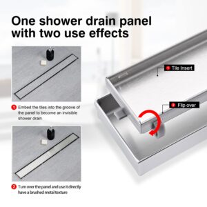 SaniteModar Linear Shower Drain, Invisible 2 in 1 Tile Insert & Flat Cover Shower Drain 24 inch, Brushed 304 Stainless Steel Linear Drain with Hair Strainer Adjustable Leveling Feet…