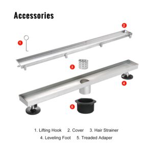 SaniteModar Linear Shower Drain, Invisible 2 in 1 Tile Insert & Flat Cover Shower Drain 24 inch, Brushed 304 Stainless Steel Linear Drain with Hair Strainer Adjustable Leveling Feet…