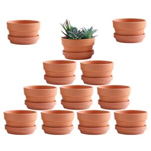 yishang 3.5 inch shallow terra cotta pots with saucer/tray,ceramic clay planter with drain hole for succulent & cactus nursery planter, diy craft projects, wedding and party favors