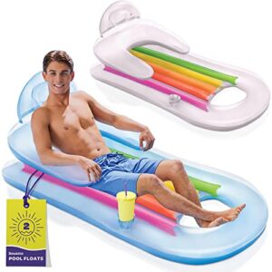 pool floats [set of 2] inflatable lounge with headrest & cup holder inflatable pool floats adult, pool float comes in 2 fun colors, blue & pearlescent silver, (59" x 25") fun floats for swimming pool.