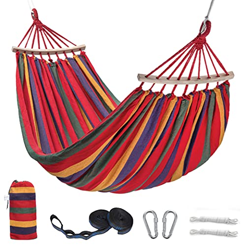 Thecozymonkeys Large Cotton Double Hammock - Tree Hammock for Indoor Outdoor Garden Patio - Cotton Fabric with Portable Bag 2 Tree Straps 2 Premium Carabiners Rope Spreader Bar and Steel Hooks