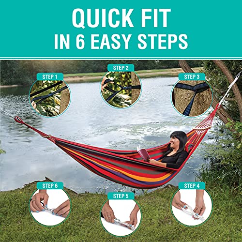 Thecozymonkeys Large Cotton Double Hammock - Tree Hammock for Indoor Outdoor Garden Patio - Cotton Fabric with Portable Bag 2 Tree Straps 2 Premium Carabiners Rope Spreader Bar and Steel Hooks