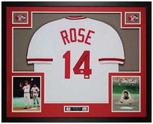 pete rose autographed white cincinnati reds jersey - beautifully matted and framed - hand signed by rose and certified authentic by jsa - includes certificate of authenticity