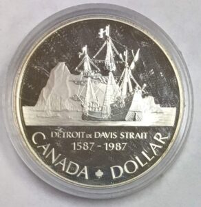 ca 1987 canada silver dollar, 400th anniversary of john davis' exploration km# 154 proof