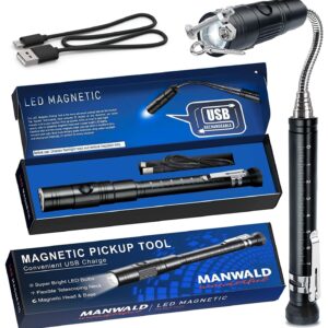 MANWALD Telescoping Magnetic Pickup Tools, LED Magnet Flashlights, Extendable Magnet Stick Cool Gadgets Gifts for Men, Birthday Gifts for Men, Dad, Husband, Craftsman and Mechanic, Gray