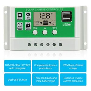 30A Solar Charge Controller 12V/24V Auto, Solar Panel Charge Controller 30Amp Solar Regulator Lithium Battery/Lead-Acid with Dual USB LCD, Adjustable Parameter Backlight LCD Display and Timer Setting