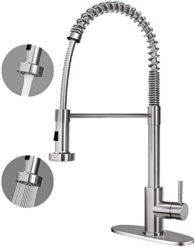 Kitchen Faucets with Pull Down Sprayer, Brushed Nickel Commercial Spring Kitchen Sink Faucet High Arc, Single Handle Stainless Steel Pull Out Faucets for Kitchen Sinks Sliver (2001C Plus)