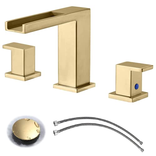 Ufaucet Modern Commercial 2 Handle 3 Hole Widespread Brushed Gold Waterfall Bathroom Faucet,8 inch Bathroom Vanity Sink Faucet with Hoses and Pop Up Drain