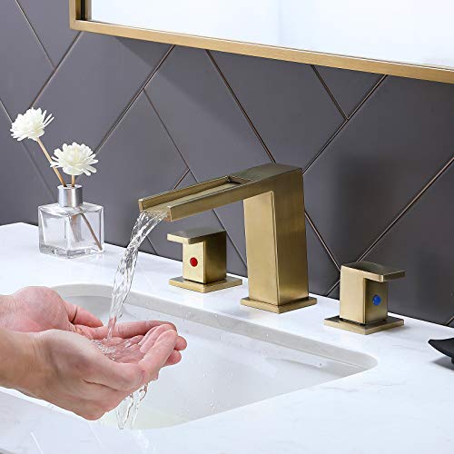 Ufaucet Modern Commercial 2 Handle 3 Hole Widespread Brushed Gold Waterfall Bathroom Faucet,8 inch Bathroom Vanity Sink Faucet with Hoses and Pop Up Drain