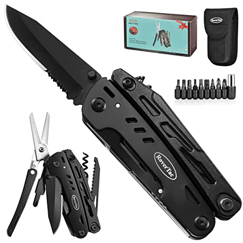 RoverTac Multitool Knife Camping Survival Knife Unique Gifts for Men Dad Husband 18 in 1 Multitools Knife Pliers Scissors Saw Corkscrew Bottle Opener 9-Pack Screwdrivers with Safety Lock Nylon Sheath