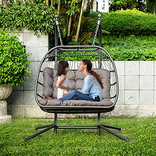 Brafab Luxury X-Large Double Egg Swing Chair 2 Person Hanging Chair Hand Made Rattan Wicker Hammock Chair with Stand and UV Resistant Grey Cushion, Aluminum Frame, for Outdoor Garden Patio Porch