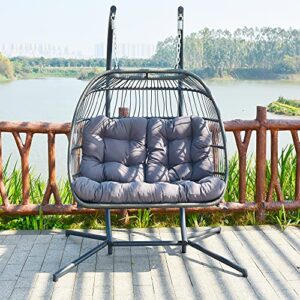 Brafab Luxury X-Large Double Egg Swing Chair 2 Person Hanging Chair Hand Made Rattan Wicker Hammock Chair with Stand and UV Resistant Grey Cushion, Aluminum Frame, for Outdoor Garden Patio Porch