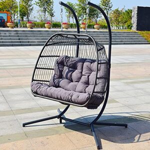 Brafab Luxury X-Large Double Egg Swing Chair 2 Person Hanging Chair Hand Made Rattan Wicker Hammock Chair with Stand and UV Resistant Grey Cushion, Aluminum Frame, for Outdoor Garden Patio Porch