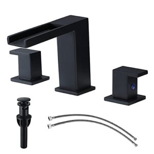 ufaucet modern commercial 2 handle 3 hole widespread matte black waterfall bathroom faucet,8 inch bathroom vanity sink faucet with with hoses and pop up drain