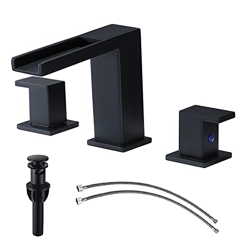 Ufaucet Modern Commercial 2 Handle 3 Hole Widespread Matte Black Waterfall Bathroom Faucet,8 inch Bathroom Vanity Sink Faucet with with Hoses and Pop Up Drain