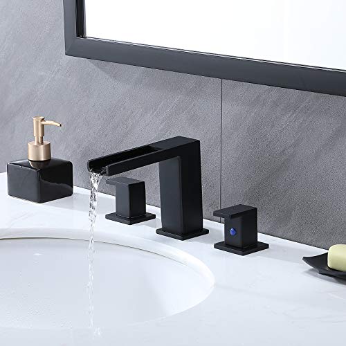 Ufaucet Modern Commercial 2 Handle 3 Hole Widespread Matte Black Waterfall Bathroom Faucet,8 inch Bathroom Vanity Sink Faucet with with Hoses and Pop Up Drain