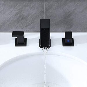 Ufaucet Modern Commercial 2 Handle 3 Hole Widespread Matte Black Waterfall Bathroom Faucet,8 inch Bathroom Vanity Sink Faucet with with Hoses and Pop Up Drain