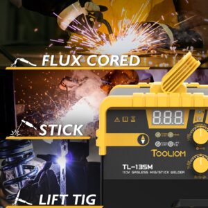 TOOLIOM 135A Flux Core Welder MIG Welder 110V Flux MIG/Lift TIG/Stick 3-in-1 Welding Machine IGBT DC Inverter